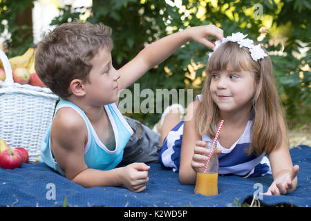 Mignon petit garçon et fille s'asseoir sur une couverture dans l'herbe et jouer.Le garçon regarde les petites fleurs dans les cheveux des filles . Près du garçon et fille il y a Banque D'Images