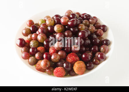 Un assortiment de fruits frais du jardin dans une assiette blanche Banque D'Images