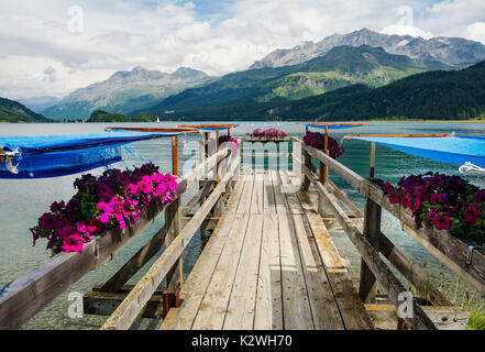 Jetée en bois sur le Lac de Sils, près de Saint Moritz, Suisse Banque D'Images