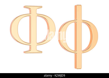 Golden lettre grecque phi, rendu 3D isolé sur fond blanc Banque D'Images