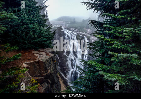 C'est la photo de Myrtle Falls Creeks à Mount Rainier National Park quand il fait du brouillard. Banque D'Images