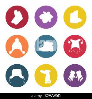 L'hiver blanc silhouettes accessorises icônes dans les cercles colorés, vector illustration Illustration de Vecteur
