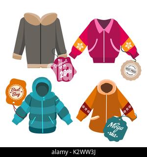 Vente d'hiver des manteaux et des vestes avec des étiquettes, vector illustration Illustration de Vecteur