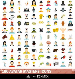 100 maîtrise avatar icons set, style plat Illustration de Vecteur