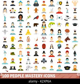 100 personnes maîtrise icons set, style plat Illustration de Vecteur