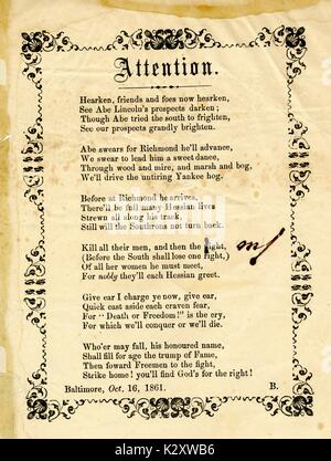 En travers de la guerre civile américaine, intitulée 'Attention', plaidoyer pour les citoyens de l'Amérique du Sud à prendre les armes et de lutte contre l'armée de l'Union, Baltimore, Maryland. 1861. Banque D'Images