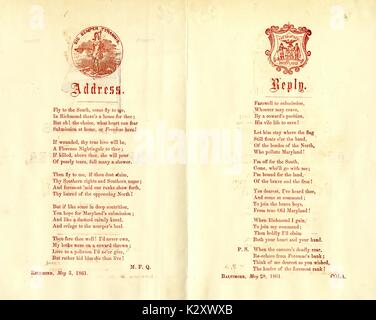 En travers de la guerre civile américaine, intitulée 'Adresse' et 'réponse, la défense des citoyens de l'Amérique du Sud pour lutter contre l'armée de l'Union, Baltimore, Maryland. Le 8 mai 1961. Banque D'Images