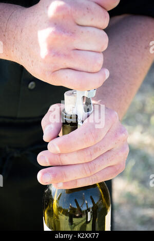 Sommelier Sommelier l'ouverture d'une bouteille de vin lors d'une dégustation en plein air dans la région de Napa Valley, Californie Banque D'Images