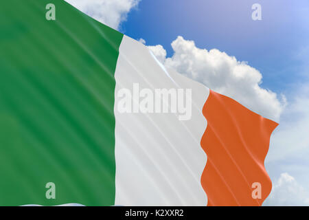 Le rendu 3D de brandir le drapeau de l'Irlande sur fond de ciel bleu, l'Irlande est en Europe de l'île, il est séparé de la Grande Bretagne, la Journée nationale de Comme Banque D'Images