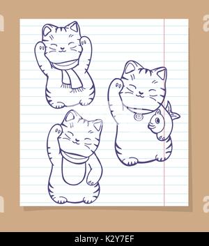 Les chats japonais mignon jeu de croquis Illustration de Vecteur