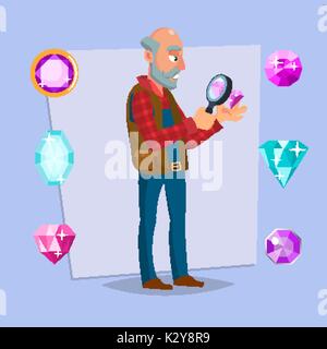 Homme bijoutier vecteur. Loupe lunettes bijoux, articles de Gem. L'occupation personne pour travailler avec des pierres précieuses. Personnage de l'illustration Illustration de Vecteur