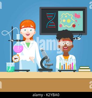 Girl scientifique et d'étudiant en chimie en laboratoire. Vector illustration Illustration de Vecteur
