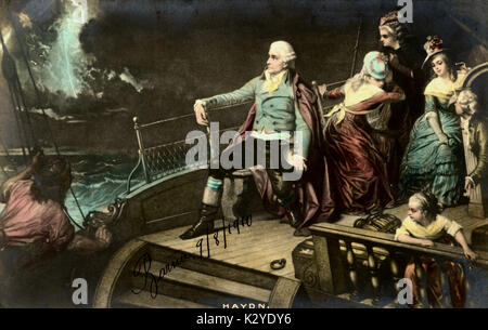 HAYDN - dans la tempête au cours de sa traversée de la mer à Londres, Angleterre Peinture par Edouard Hammon (1819 - 1888). Cette expérience a influencé Die Schopfung - La création Franz Joseph Haydn 1732-1809. Compositeur autrichien. Voile, bateau Banque D'Images