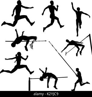 Définir l'athlétisme sports jumping silhouette noire Illustration de Vecteur