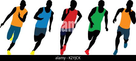 Définir l'athlétisme porteur sprinters exécutant silhouettes colorées Illustration de Vecteur