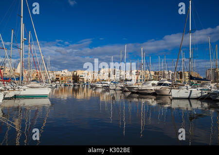 MSIDA, MALTE - 19 octobre 2016 : Beaucoup de beaux bateaux dans un petit port avec cityscape sur l'arrière-plan Banque D'Images