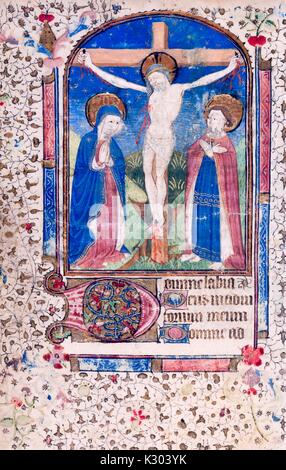 Manuscrit enluminé page représentant Jésus Christ sur la croix, à partir de l'un missel romain, 15ème siècle livre d'heures d'Amérique latine, 1450. Banque D'Images