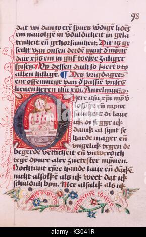 Manuscrit enluminé page affichant du texte et une illustration du Christ blessé avec sigmata, à partir d'un manuscrit du 15e siècle livre en Néerlandais, 1450. Banque D'Images