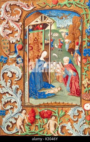 Manuscrit enluminé page représentant Marie, Joseph et l'enfant Jésus, ainsi que les anges et les habitants de la ville, d'un hollandais du 15e siècle livre d'heures, 1495. Banque D'Images