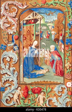 Manuscrit enluminé page représentant Marie, Joseph et l'enfant Jésus, ainsi que les anges et les habitants de la ville, d'un hollandais du 15e siècle livre d'heures, 1495. Banque D'Images