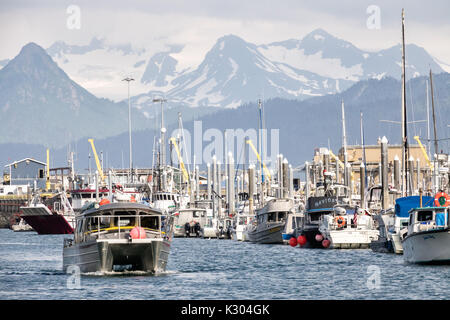 Un petit bateau de pêche revient de l'Kamishak Bay à la ville d'Homer et Port Harbour Marina surplombant les montagnes Kenai dans Homer, Alaska. Banque D'Images