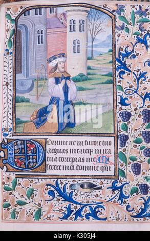 Page manuscrit lumineux représentant un roi priant à genoux, à partir de la 'bella Beatae Virginis, ''un livre d'heures d'Amérique latine probablement d'une communauté de moniales, 2013. Banque D'Images