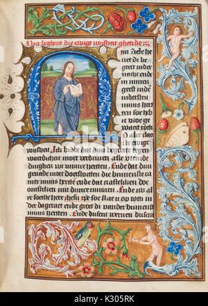 Manuscrit enluminé page illustrant l'enseignement de Jésus Christ avec un livre ouvert, d'un hollandais du 15e siècle livre d'heures, 2013. Banque D'Images
