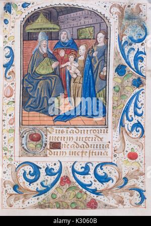 Manuscrit enluminé de la page 'Ténéré et credere moi faciat" avec une illustration d'un bébé avec quatre adultes avec une bordure décorative, livre d'heures manuscrit imprimé en Amérique au 15e siècle, 1400. Banque D'Images