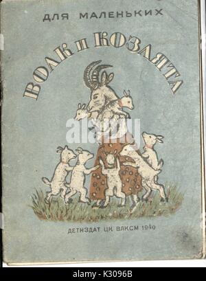 Une couverture d'un conte de fées russe intitulée "Le loup et la Petite chèvre, avec une chèvre géante holding petits agneaux et entouré par eux par Detizdat éditeur, 1940. Banque D'Images