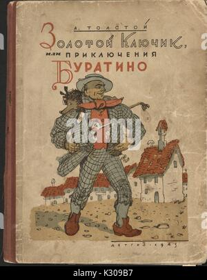 Une couverture d'un conte de fées russe intitulée "La Petite clé d'Or" ou "Les Aventures de Pinocchio [Buratino]' avec un homme bien habillé dans une ville par A. Tolstoi, 1943. Banque D'Images