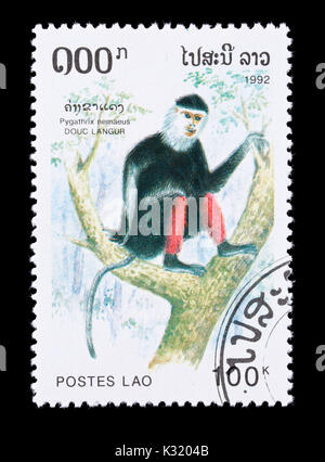 Timbre-poste du Laos représentant un red-shanked douc (Pygathrix nemaeus) Banque D'Images