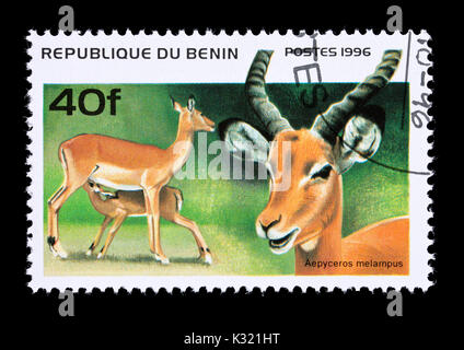 Timbre-poste du Bénin représentant un Impala (Aepyceros melampus) Banque D'Images