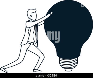 Businessman pushing a big Light bulb couleur bleu articles silhouette Illustration de Vecteur