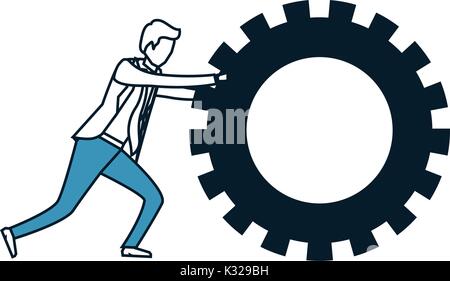 Businessman pushing a grande vitesse de la roue dentée couleur bleu articles silhouette Illustration de Vecteur