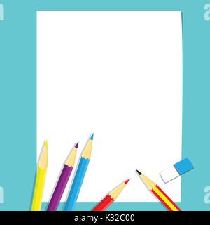 Illustration du concept de la classe d'Art, crayon, crayon de couleurs et d'une gomme blanche sur du papier blanc, pour l'éducation Concept-Vector Illustration Illustration de Vecteur