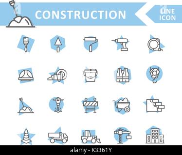 Jeu de vector construction et réparer la conduite d'icônes. Brosse, rouleau, percer, casque, de la peinture, cône, grue, crochet, mur, camion, cament, pelle, marteau-piqueur, vêtements de travail, d'une clôture, constructeur et bien plus encore. Avc. modifiable Illustration de Vecteur