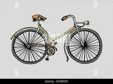 Vélo, vélo ou vélocipède. billet d'illustration. gravés à la main dans de vieux croquis, style vintage transport. Illustration de Vecteur