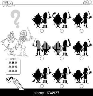 Cartoon noir et blanc Illustration de la recherche de l'ombre sans différences activité éducative pour les enfants avec deux pirates Coloriage Personnages Illustration de Vecteur