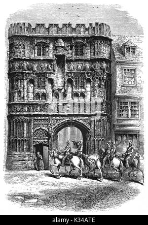 1870 : les soldats près de l'entrée principale de la Cathédrale de Canterbury. Christ Church, Passerelle (parfois appelée la Cité de la porte) a été construit autour de 1502 pour Arthur, Prince de Galles, fils aîné d'Henry VII. Kent, Angleterre Banque D'Images