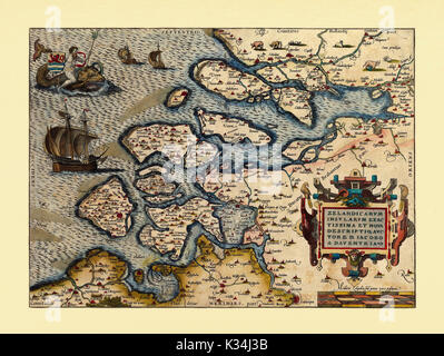 Ancienne carte des Pays-Bas. Excellent état de conservation réalisé dans un style ancien. Tous les composition graphique est à l'intérieur d'un cadre. Par Ortelius, Theatrum Orbis Terrarum, Anvers, 1570 Banque D'Images