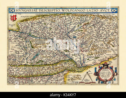 Ancienne carte de la Hongrie. Excellent état de conservation réalisé dans un style ancien. Tous les composition graphique est à l'intérieur d'un cadre. Par Ortelius, Theatrum Orbis Terrarum, Anvers, 1570 Banque D'Images