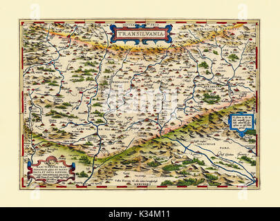 Carte ancienne de Transylvanie. Excellent état de conservation réalisé dans un style ancien. Tous les composition graphique est à l'intérieur d'un cadre. Par Ortelius, Theatrum Orbis Terrarum, Anvers, 1570 Banque D'Images