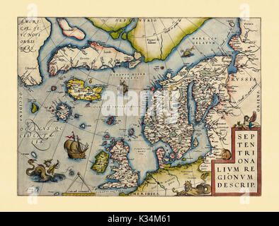 Carte ancienne de l'Europe du Nord en excellent état de conservation. Par Ortelius, Theatrum Orbis Terrarum, Anvers, 1570 Banque D'Images