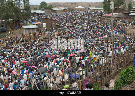 Des foules immenses au marché en plein air organisé le samedi saint orthodoxe éthiopien Tewahedo pour acheter de la nourriture afin de célébrer la fin de la période de carême, Lalibela, Amhara, Éthiopie Banque D'Images