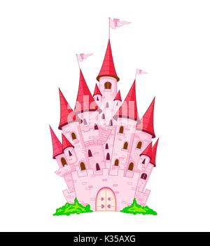 Château de princesse rose. Château cartoon rose sur fond blanc. Illustration de Vecteur