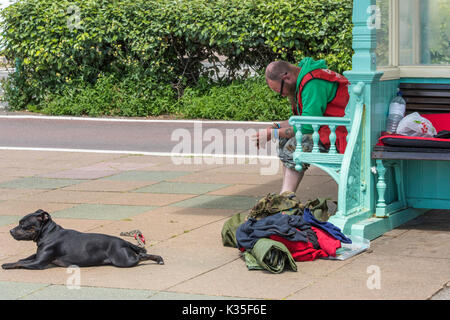 Un gros problème vendeur reposant alors que son chien s'étend sur le trottoir. Banque D'Images