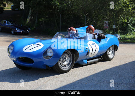 Cinq D-Jaguars Type visiter le circuit de Brooklands, Weybridge, Surrey, Angleterre, Royaume-Uni. 1er septembre 2017. Jaguar Type-D a gagné le Mans course d'endurance de 24 heures en 1955, 1956 et 1957. En 1957, D-types ont été placés 1-2-3-4-6, avec seulement un seul Ferrari en 5ème gâcher la parade. En photo, location de "17" (Equipe Los Amigos, XKSS713 513, 'short-nez') a terminé troisième au Mans en 1957. Banque D'Images