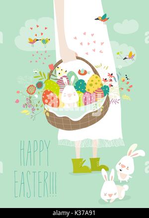 Girl holding panier avec des oeufs de pâques Illustration de Vecteur