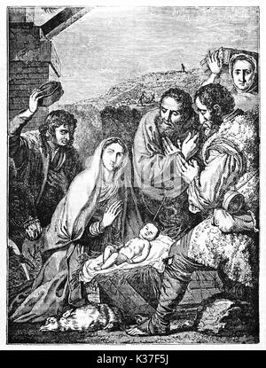 Ancienne reproduction gravée de l'Adoration des bergers, peint par José de Ribera. Après De Ribera, publié le Magasin Pittoresque, Paris, 1834 Banque D'Images