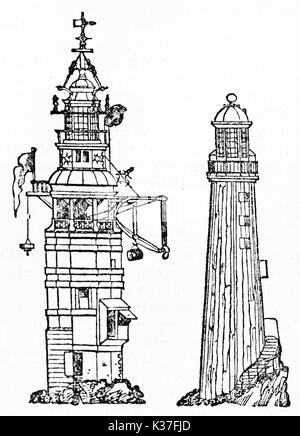 Deux anciens phares : Winstanley est la première de 1698 à 1703 et la deuxième à partir de la Rudyard 1709 à 1755. Vieille Illustration d'auteur non identifié publ. sur Magasin pittoresque Paris 1834 Banque D'Images